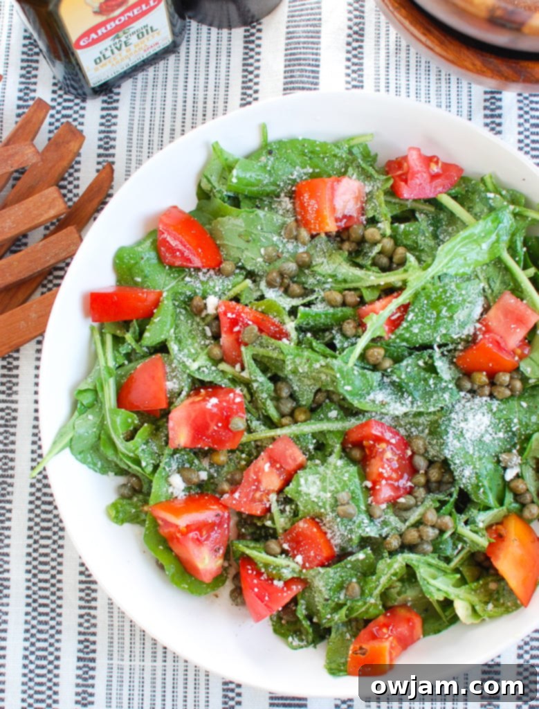 Arugula Salad with Capers with tomatoes, ready to eat