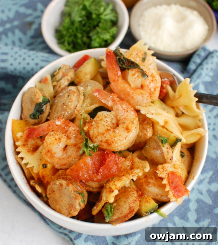 Cajun Pasta with Chicken Sausage and Shrimp in bowl 
