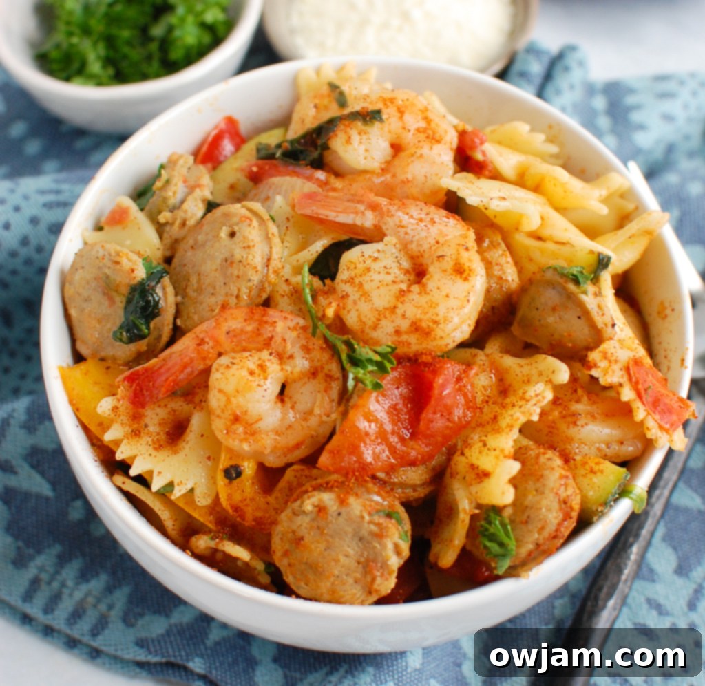 Cajun Pasta with Chicken Sausage and Shrimp in bowl 