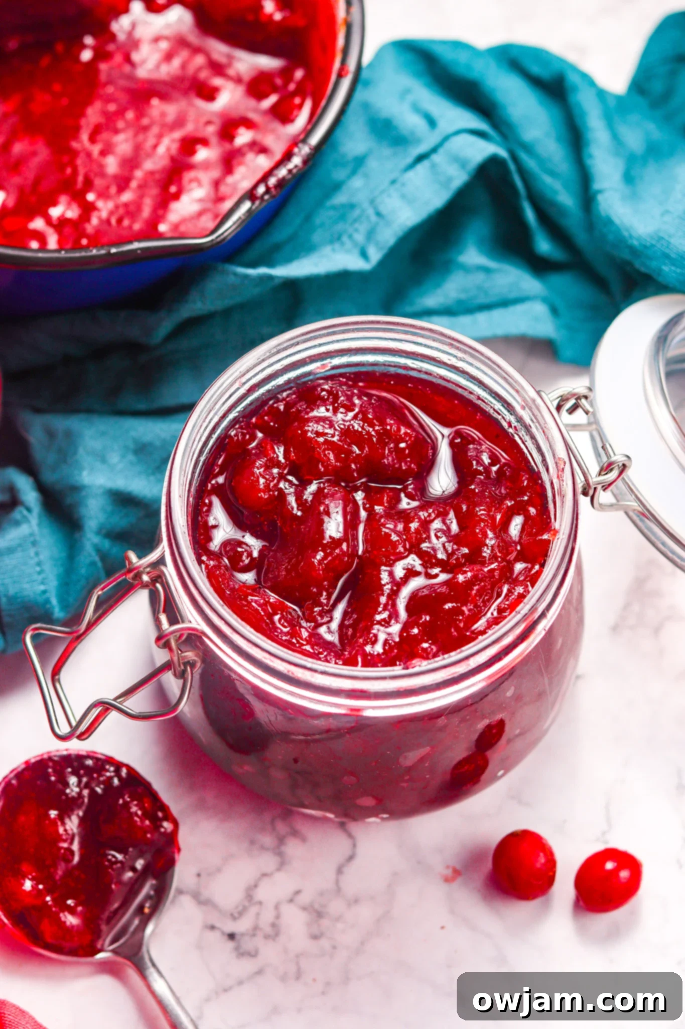 Homemade Cranberry Sauce Recipe with a blue napkin and festive decorations, highlighting its holiday appeal.