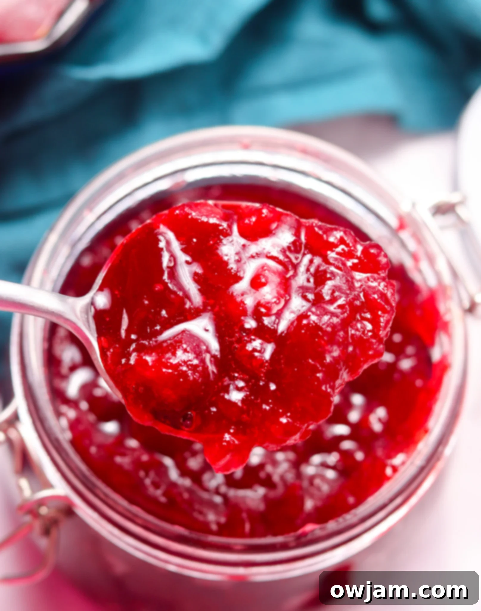 Homemade Cranberry Sauce Recipe in a glass jar with a spoon, accompanied by blue napkins, signifying a festive occasion.