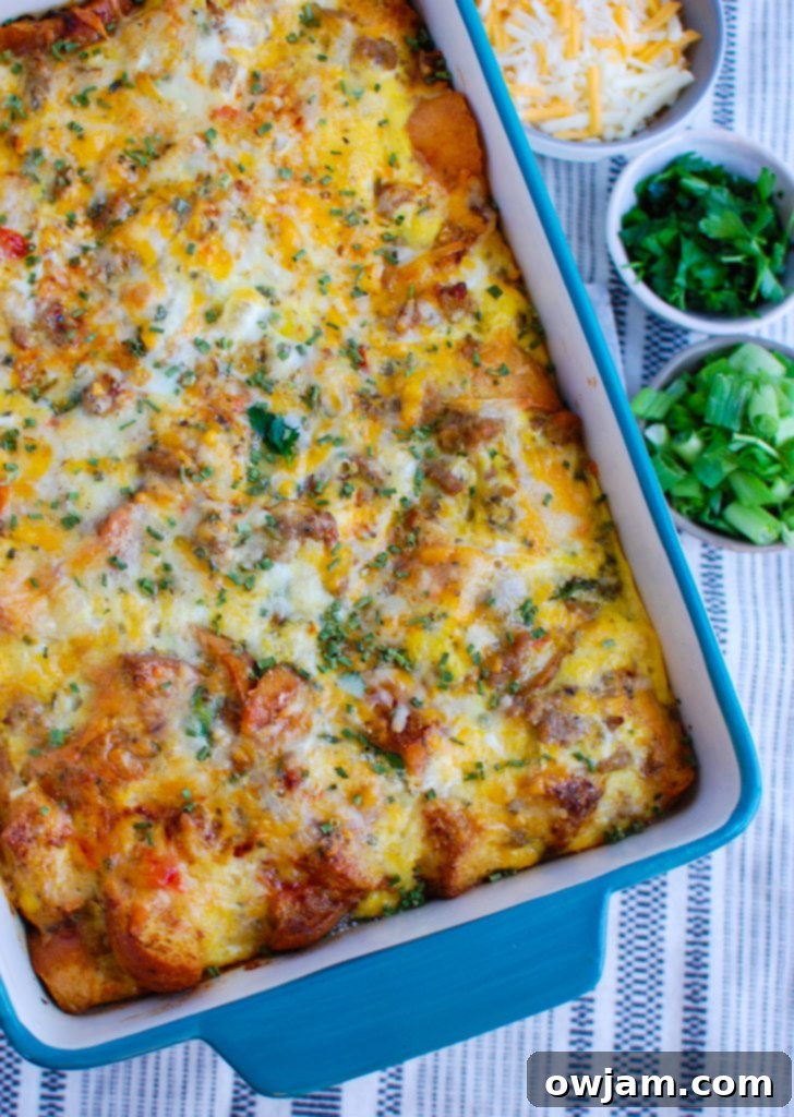 Egg Sausage Casserole in teal dish