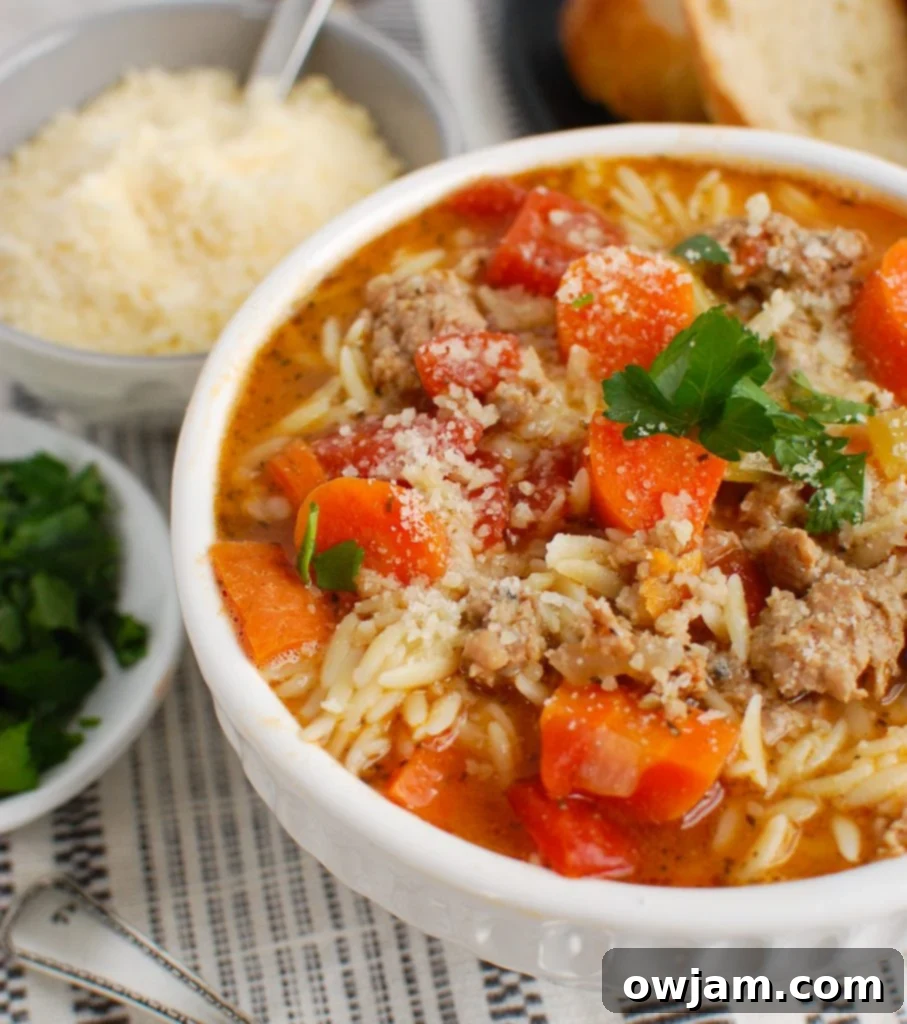 Italian Sausage Soup in white bowl