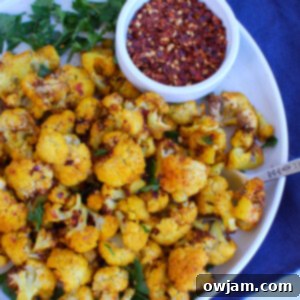 Crispy Air Fryer Cauliflower 7 Air Fryer Cauliflower with parsley, close-up of recipe card