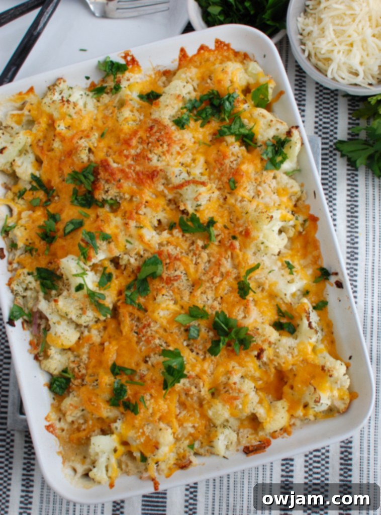 Cheesy Cauliflower Bake 2 Close-up of a serving of creamy Cauliflower Gratin garnished with fresh parsley, highlighting the golden-brown crust and melted cheese.