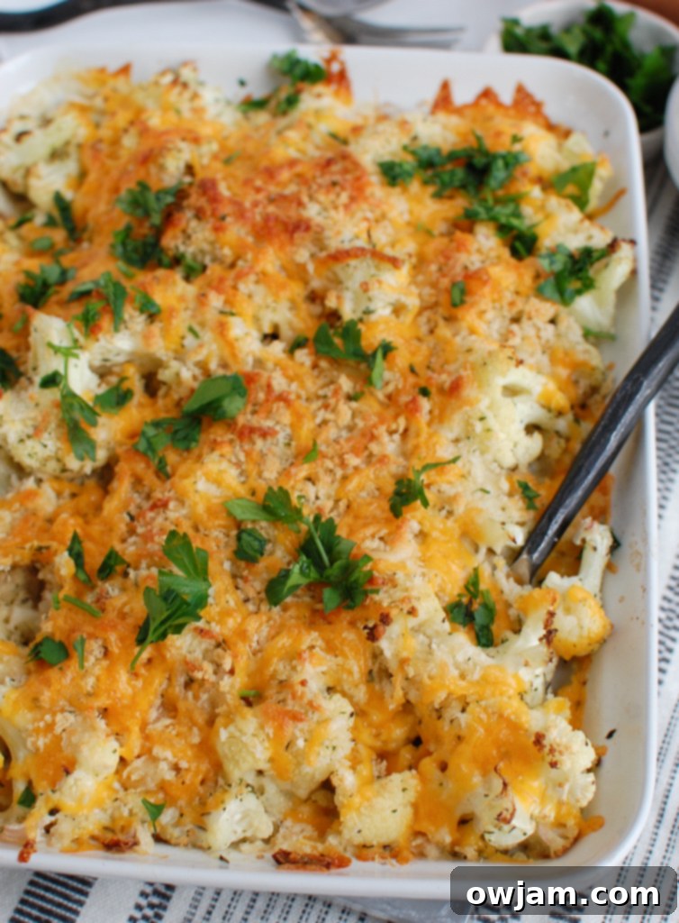 Cheesy Cauliflower Bake 3 Cauliflower Gratin served in a white oval baking dish, showcasing its golden-brown topping and bubbling cheese.