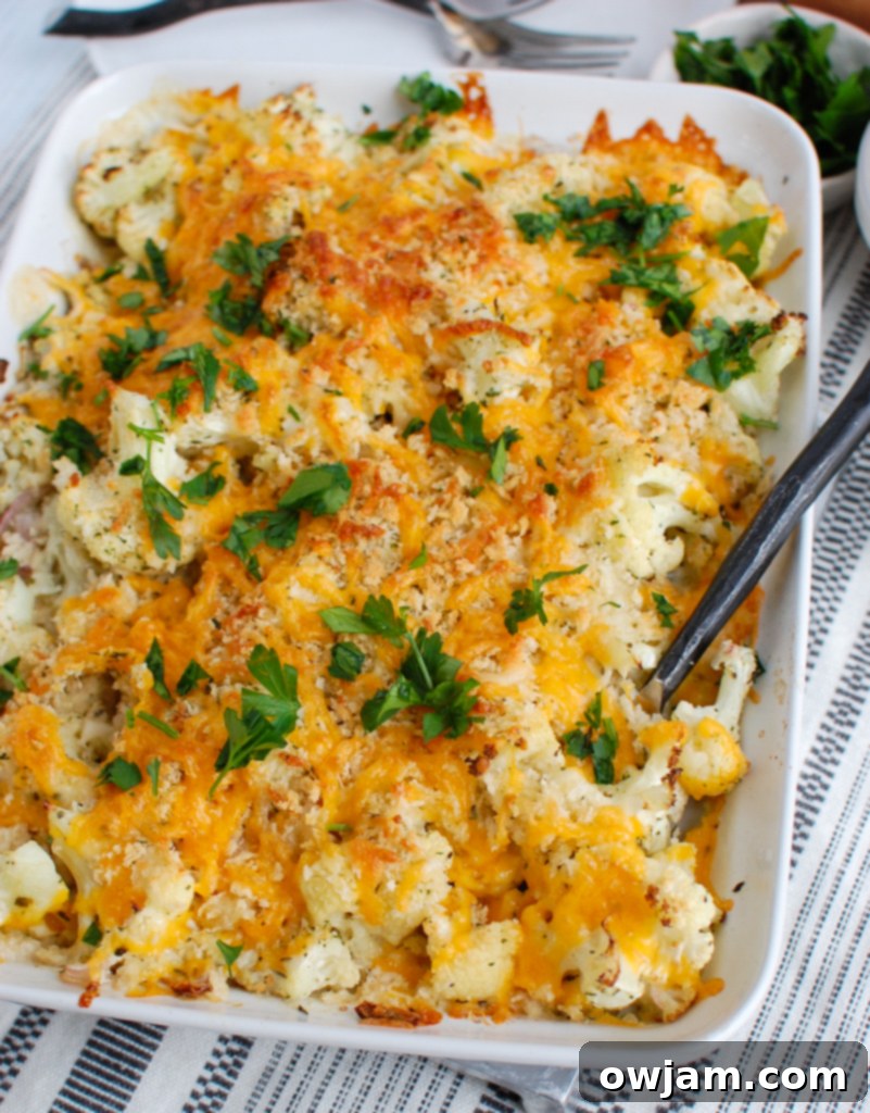 Cheesy Cauliflower Bake 5 A spoonful of warm, cheesy Cauliflower Gratin being lifted from the baking dish, showing the creamy texture.
