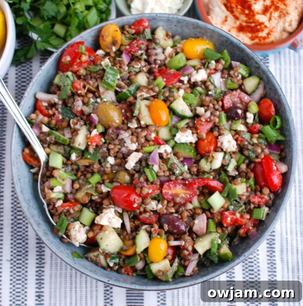 Vibrant Mediterranean Lentil Salad 5 Close-up of Mediterranean Lentil Salad in a bowl, showing the rich texture and vibrant colors of the ingredients.