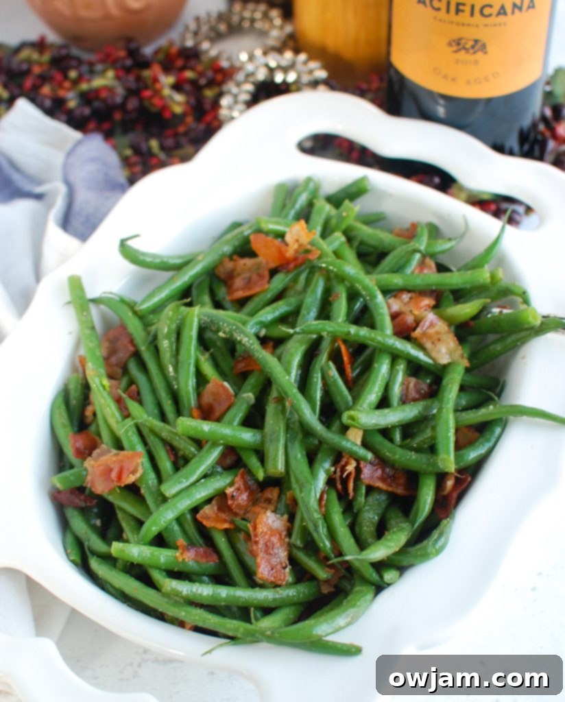 Savory Green Beans with Bacon 2 Green Beans with Bacon in white dish