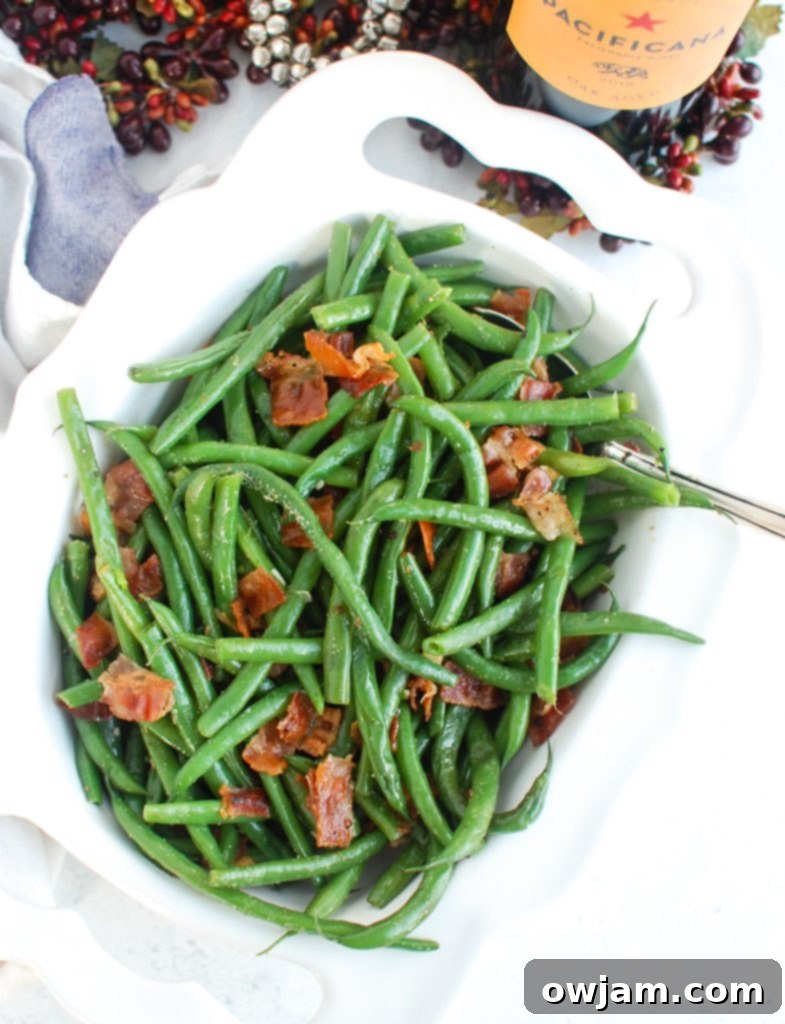 Savory Green Beans with Bacon 3 Green Beans with Bacon with white napkin