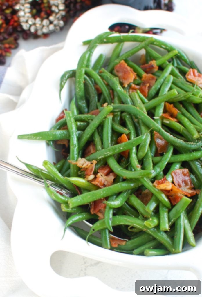 Savory Green Beans with Bacon 4 Green Beans with Bacon with spoon