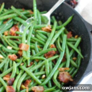 Savory Green Beans with Bacon 6 Green Beans with Bacon in skillet