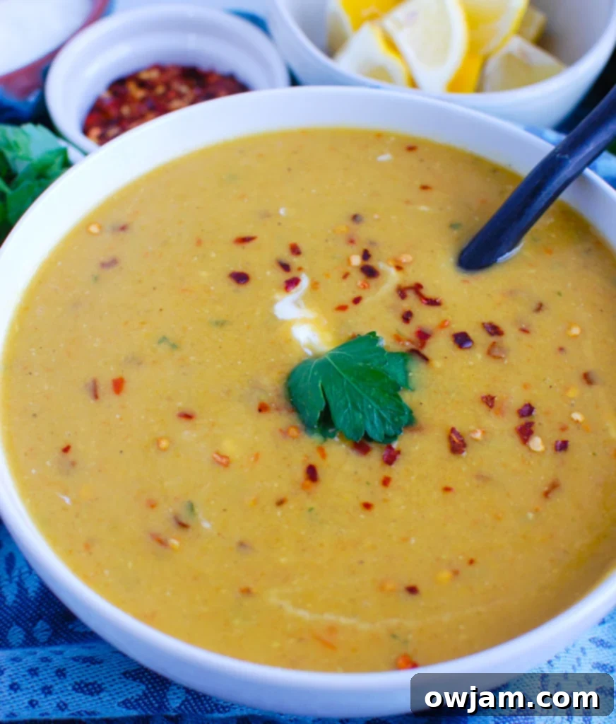 Lebanese Lentil Soup with spoon. 