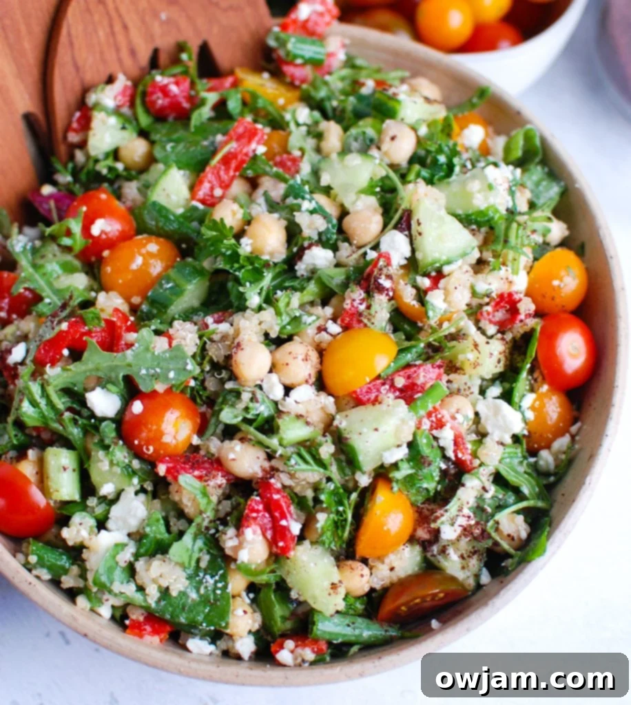 Mediterranean Quinoa Power Bowl 3 Mediterranean Quinoa Salad in a large serving bowl, ready to be enjoyed