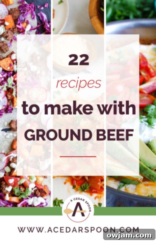 A collage of 22 diverse ground beef dishes including casseroles, tacos, meatballs, and soups, showcasing easy and protein-packed meal ideas.