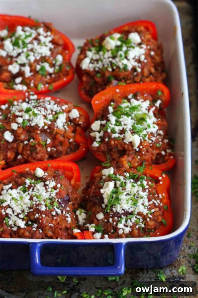 Greek Stuffed Peppers with Feta Cheese and seasoned ground beef