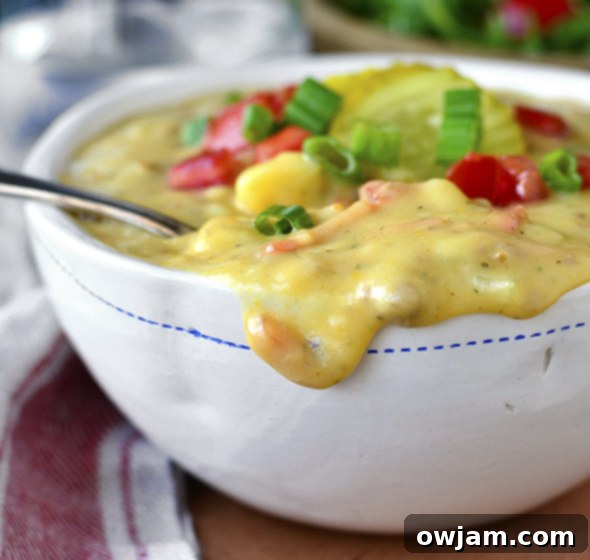 Healthy Cheeseburger Soup with ground beef and cheesy broth