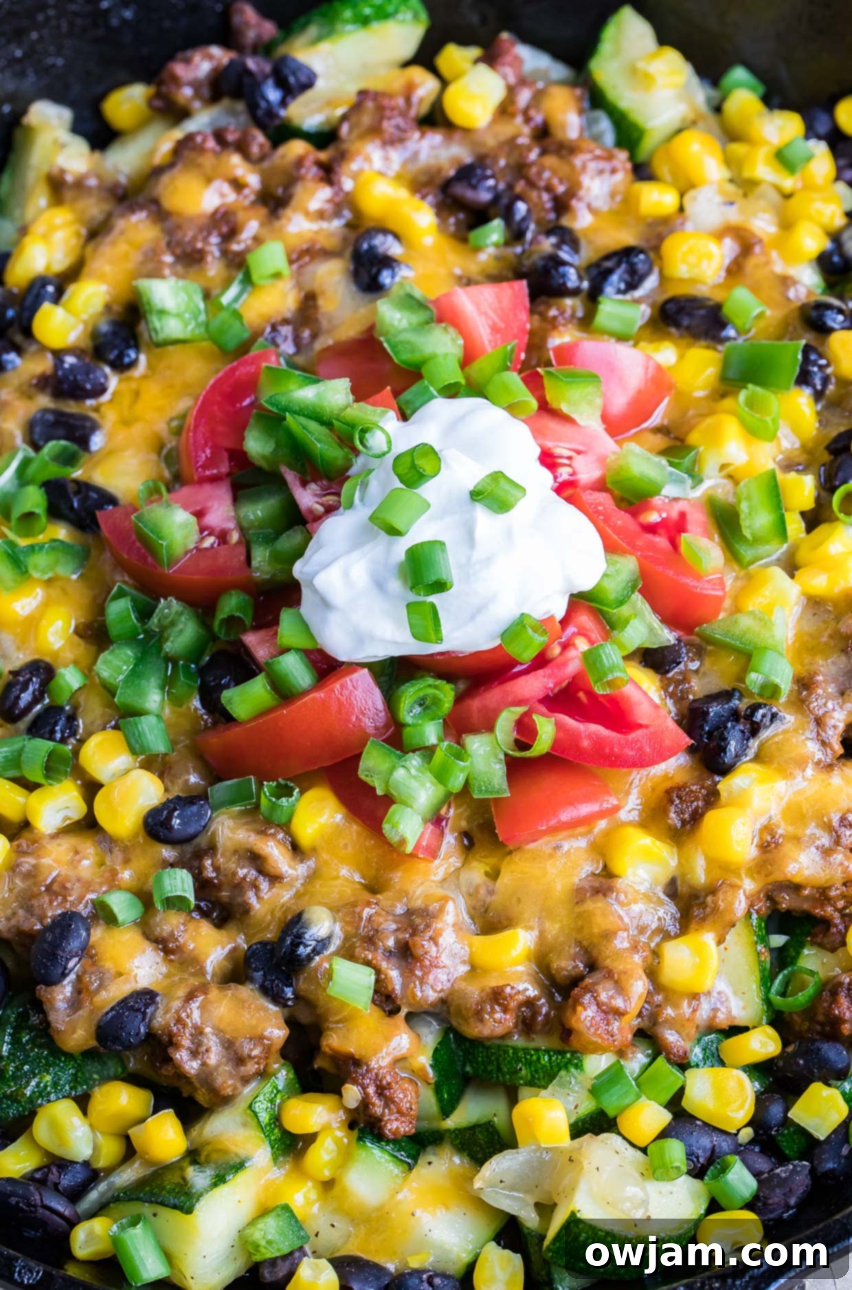 Easy Zucchini Taco Skillet with ground beef and melted cheese