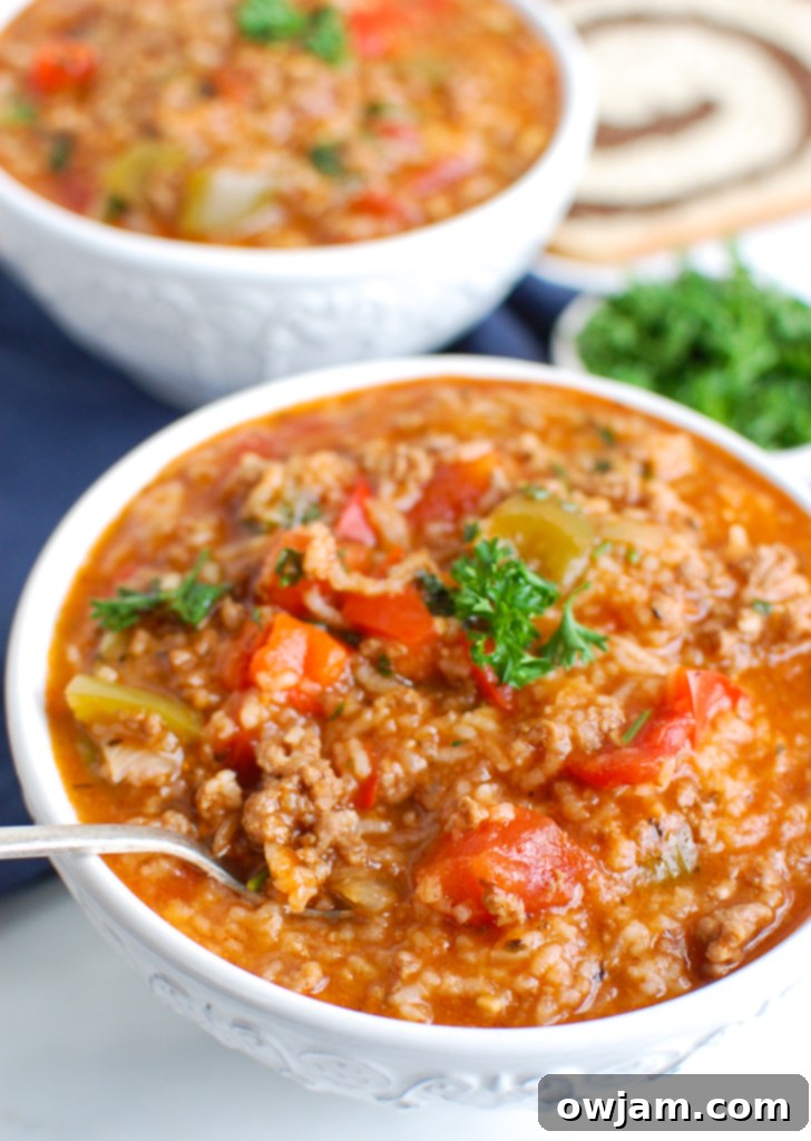 Comforting Instant Pot Stuffed Pepper Soup with ground beef and rice