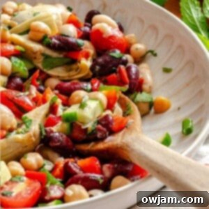 Mediterranean Three Bean Salad in a rustic bowl, garnished, presented as a healthy meal.