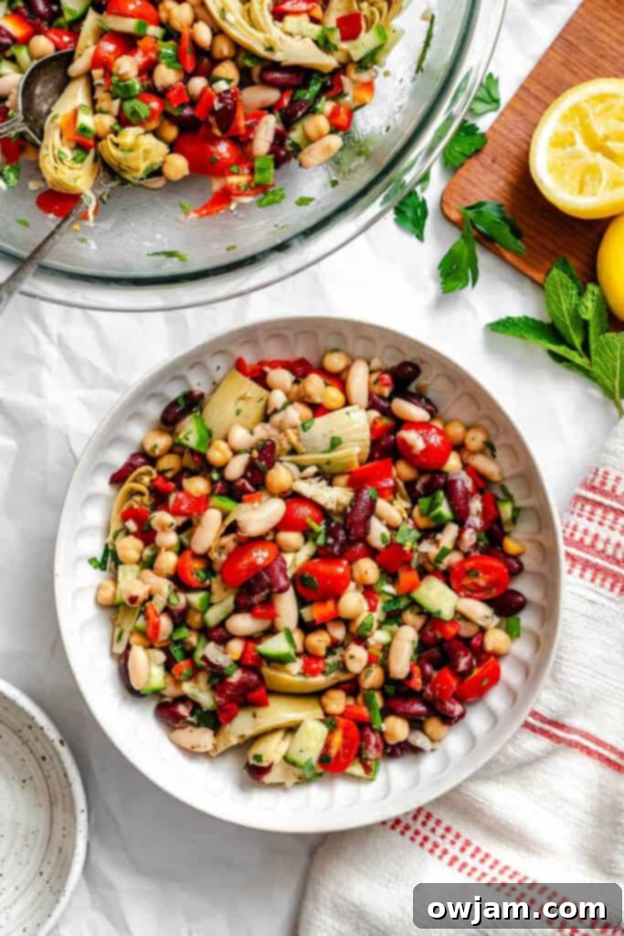 A bowl of Mediterranean Three Bean Salad, perfectly tossed and ready to serve, highlighting the mix of beans, vegetables, and herbs.