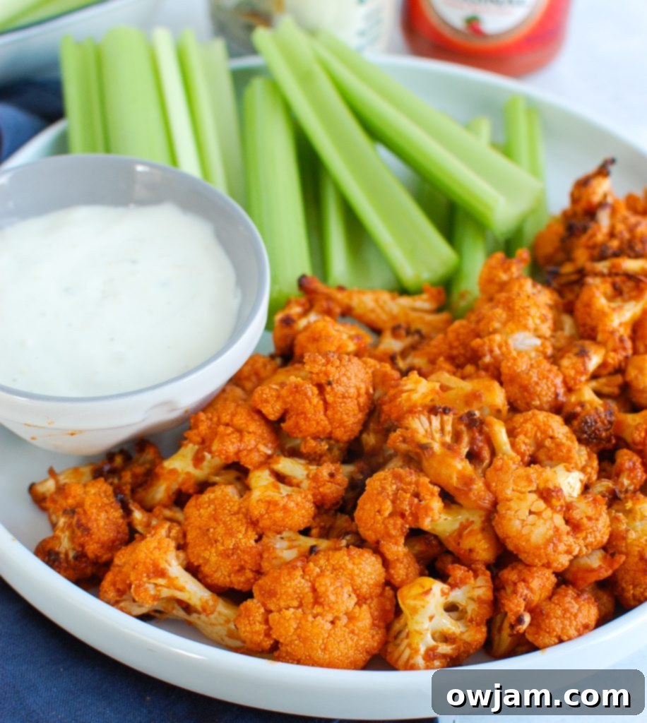 Air Fryer Buffalo Cauliflower on white plate