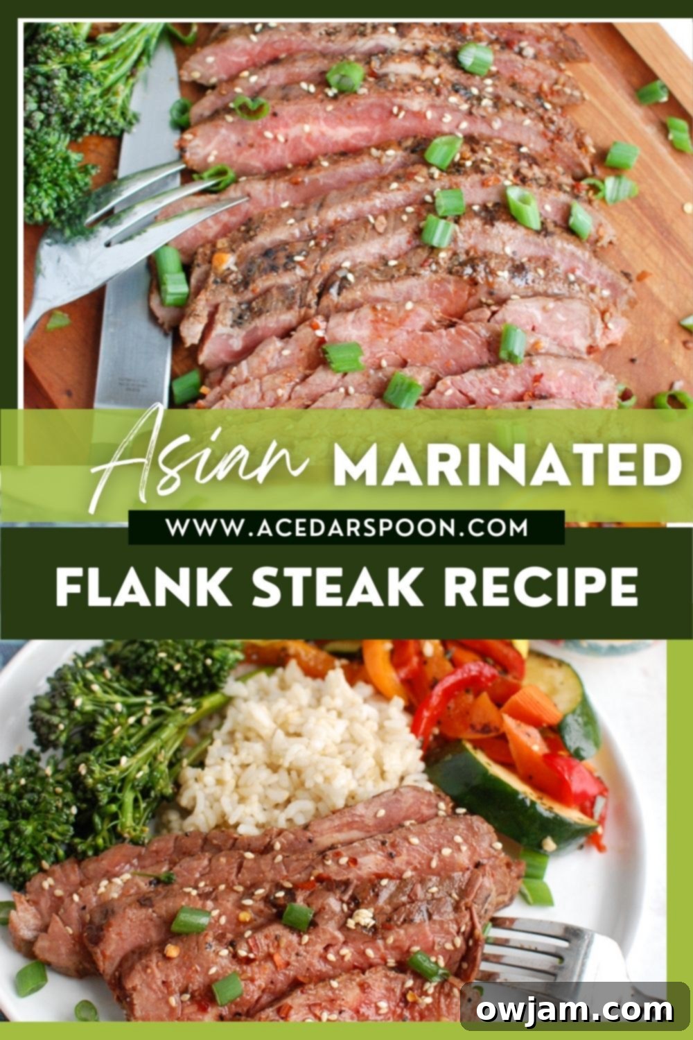 Asian Marinated Flank Steak prepared and served, with a brand logo in the corner