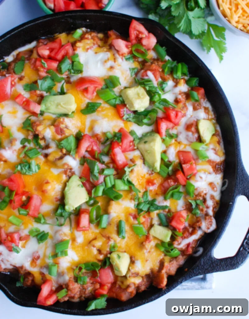 Loaded Beef Taco Dip 5 Beef Taco Dip in a black skillet, garnished with fresh cilantro