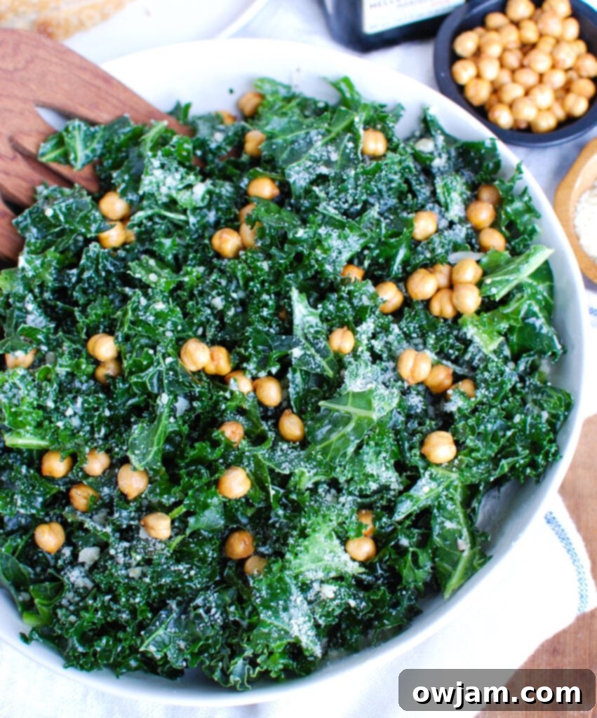 Elevated Kale Caesar 4 Close-up of Kale Caesar Salad with abundant crispy chickpeas, ready to be served.