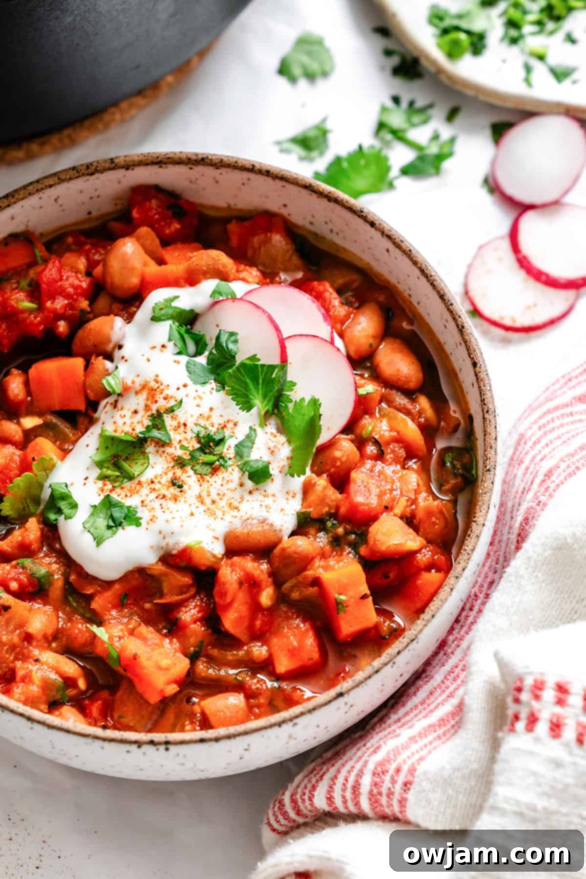 Hearty Homemade Veggie Chili 2 Homemade Vegetarian Chili Recipe in a white bowl