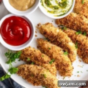 Super Crispy Easy Baked Chicken Tenders 11 Crispy baked chicken fingers on a white plate, golden brown and ready to serve with three dipping sauces.