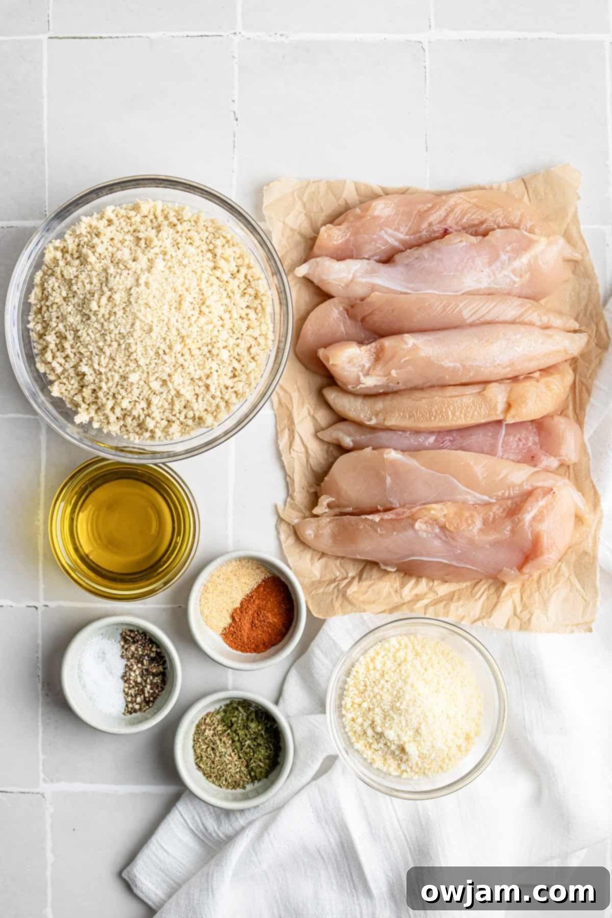 Super Crispy Easy Baked Chicken Tenders 3 Fresh ingredients for baked chicken tenders including raw chicken tenderloins, panko breadcrumbs, Parmesan cheese, and a variety of seasonings.