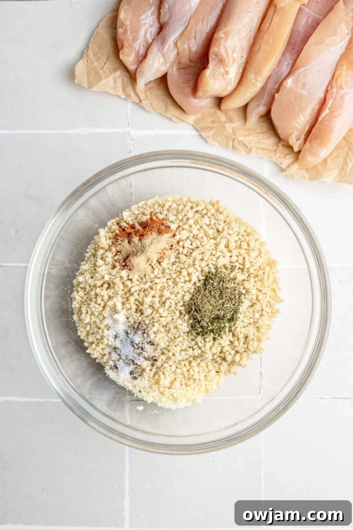 Super Crispy Easy Baked Chicken Tenders 4 Mixing panko breadcrumbs, Parmesan cheese, and a blend of spices in a shallow bowl for chicken tender coating.