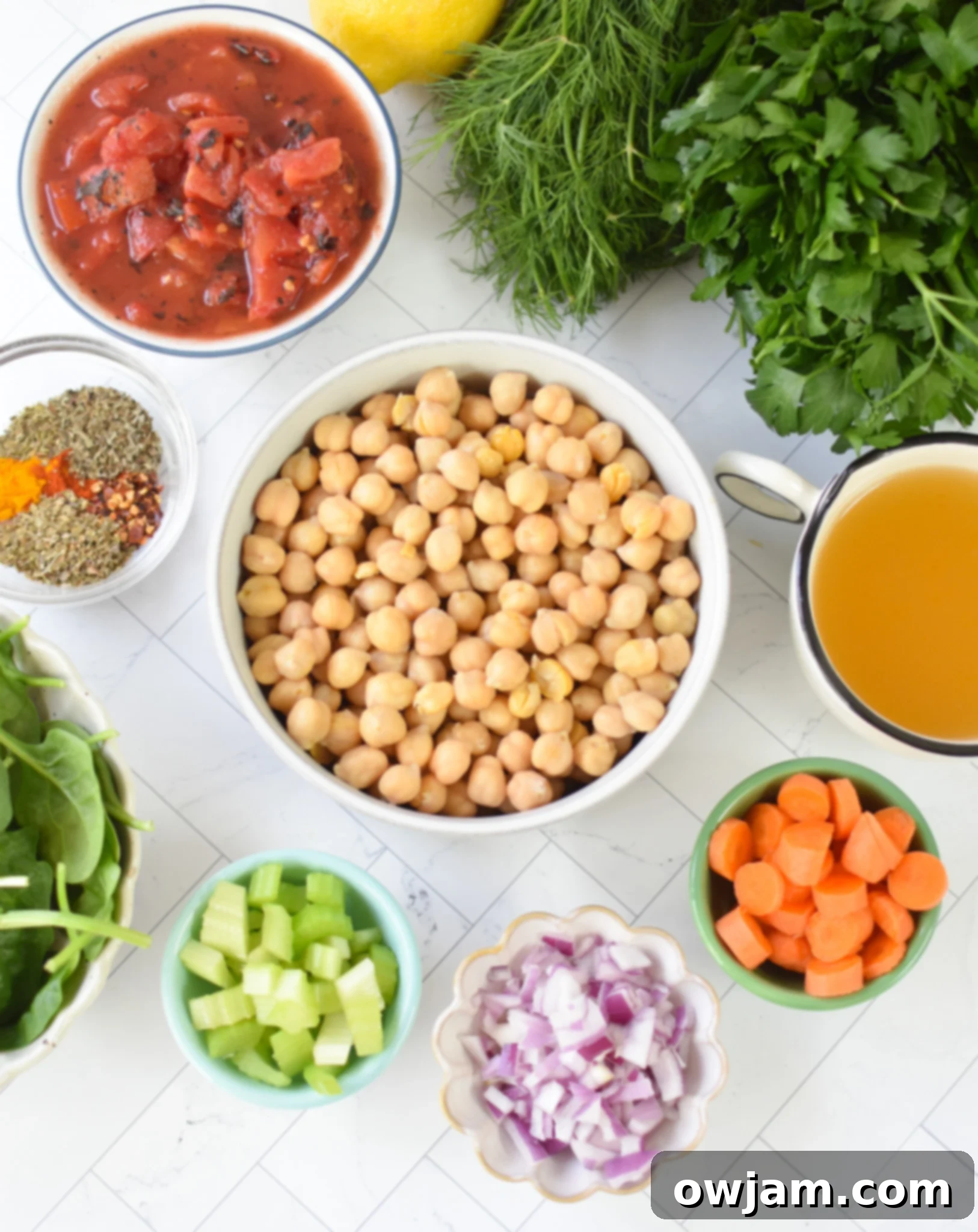 Garbanzo Soup Recipe ingredients laid out on a table.