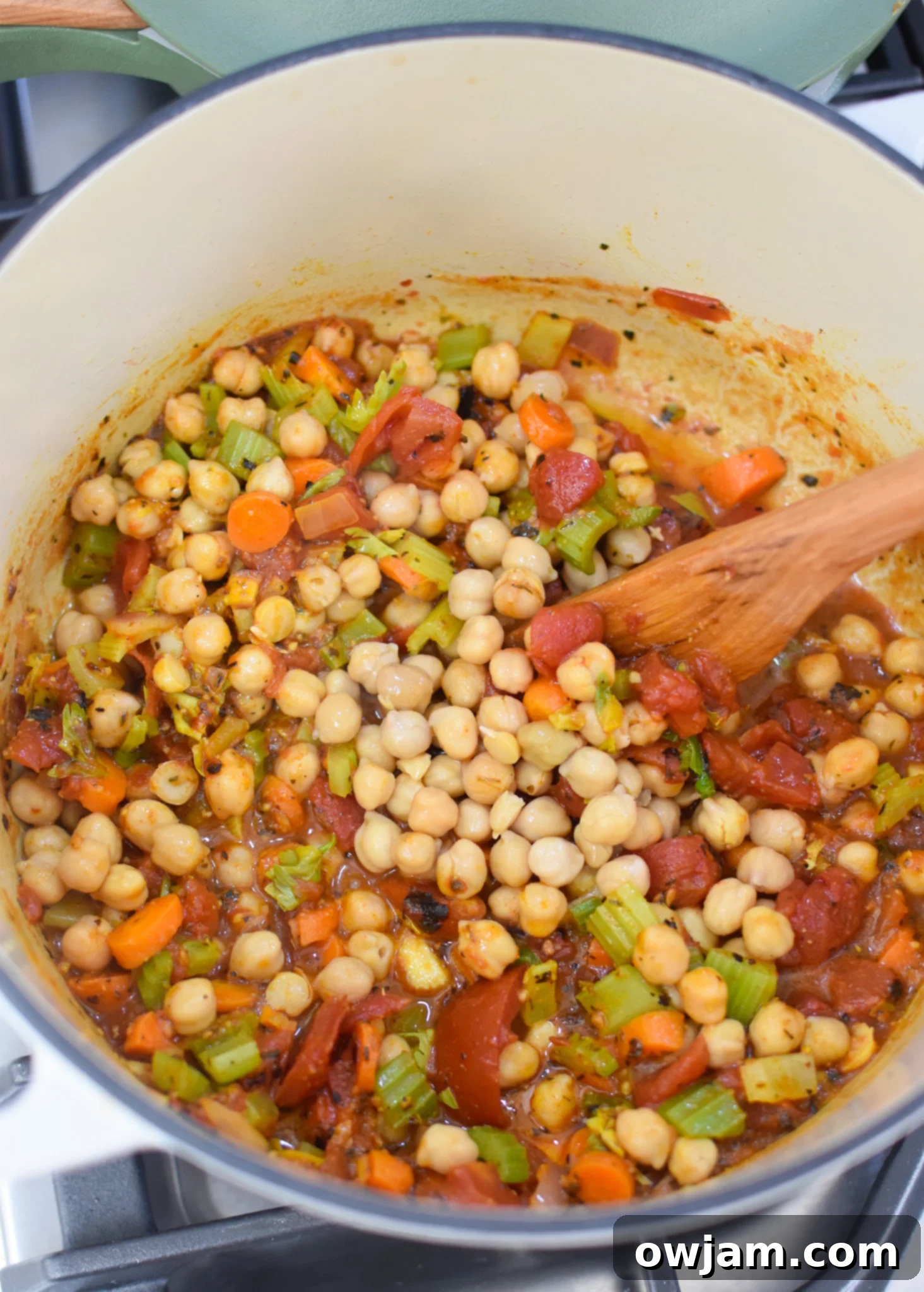 Garbanzo Soup Recipe ingredients in a dutch oven before broth is added.