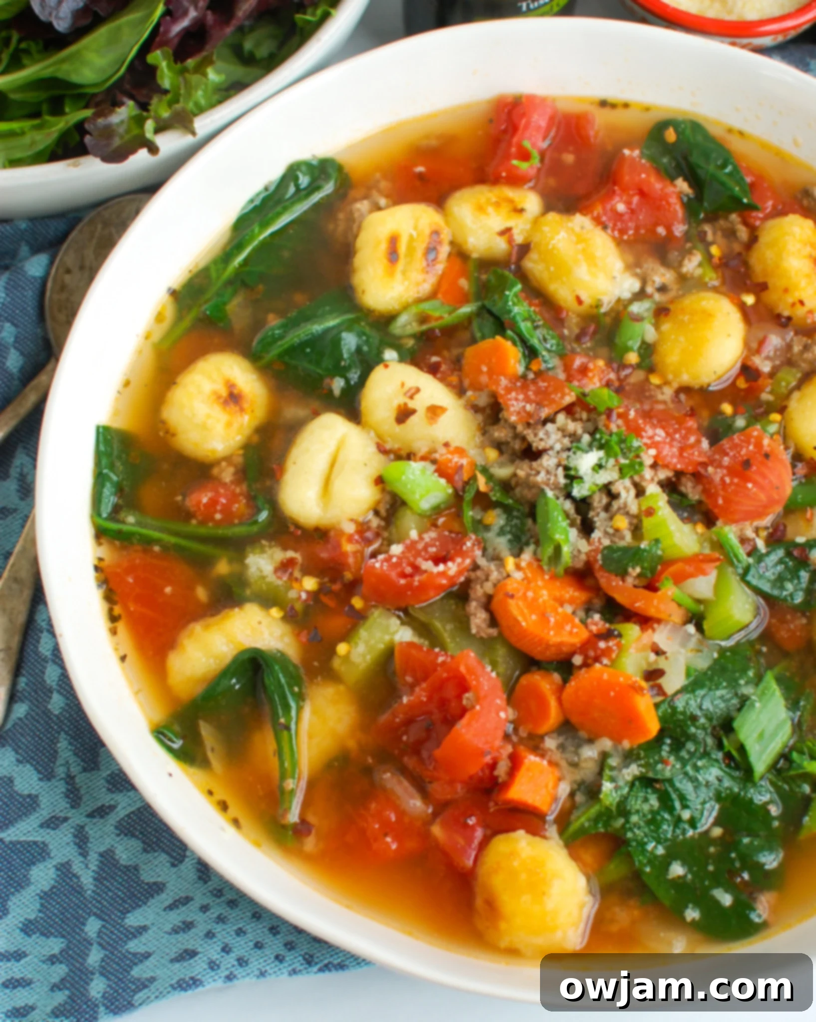 Easy Sausage Gnocchi Soup with spinach.