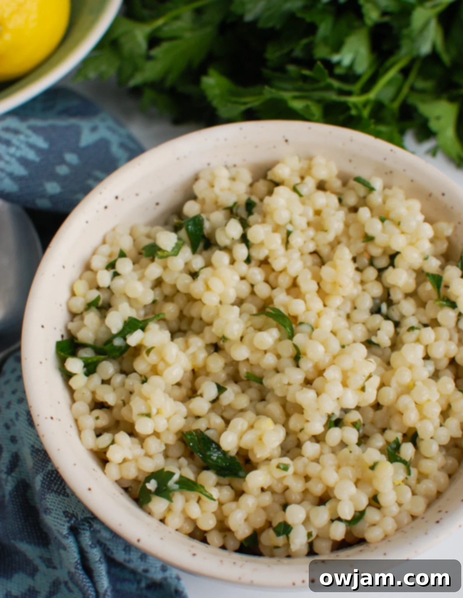 Zesty Lemon Pearl Couscous Delights 6 Lemon Pearl Couscous Recipe with napkin.