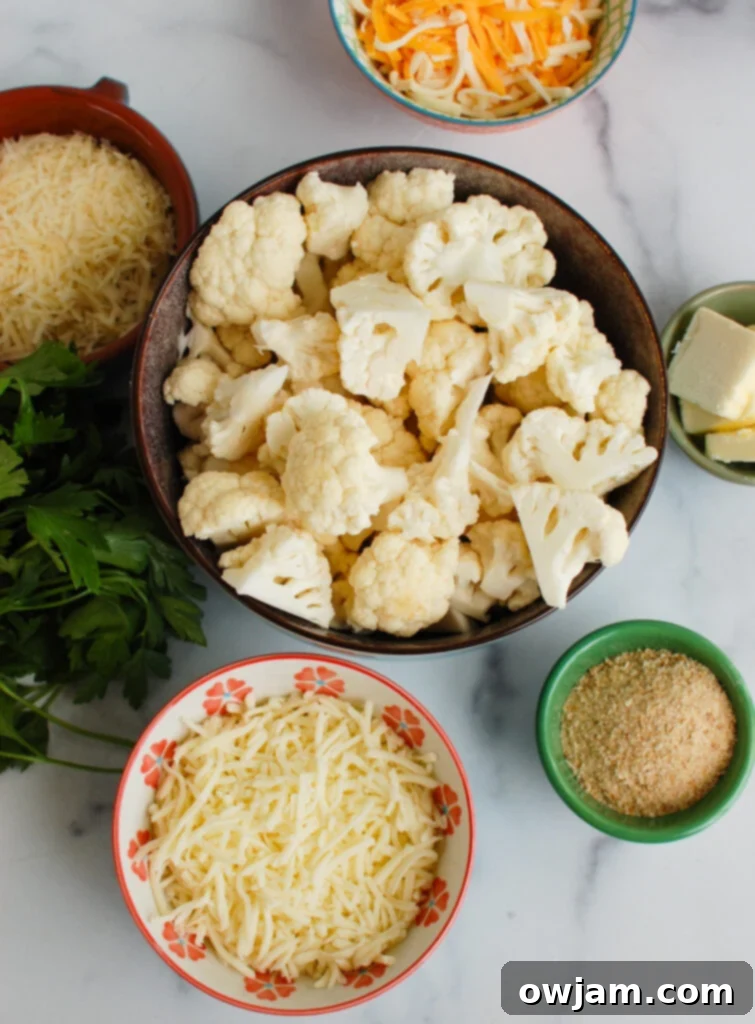 Cauliflower Cheese 3 Cheesy Cauliflower ingredients laid out