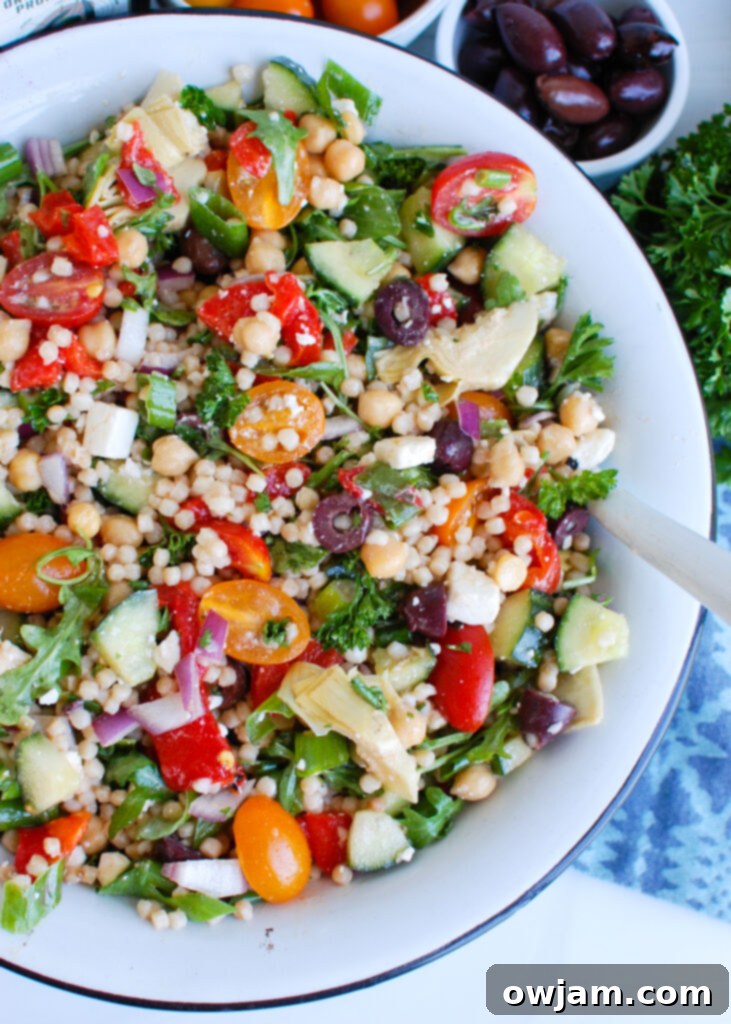 Mediterranean Couscous Salad white bowl 