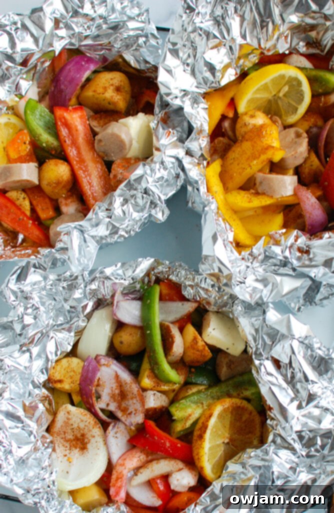 Surf and Turf Foil Delight 5 Sausage and Shrimp Foil Packets in foil