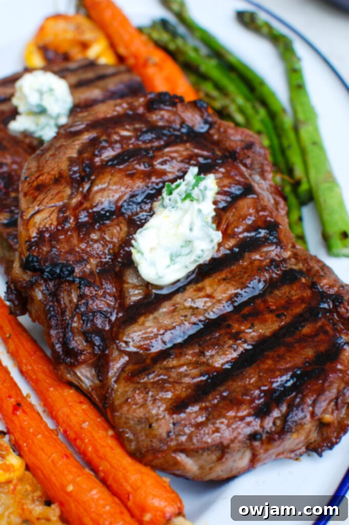 Lemon Garlic Butter Grilled Ribeye on a plate