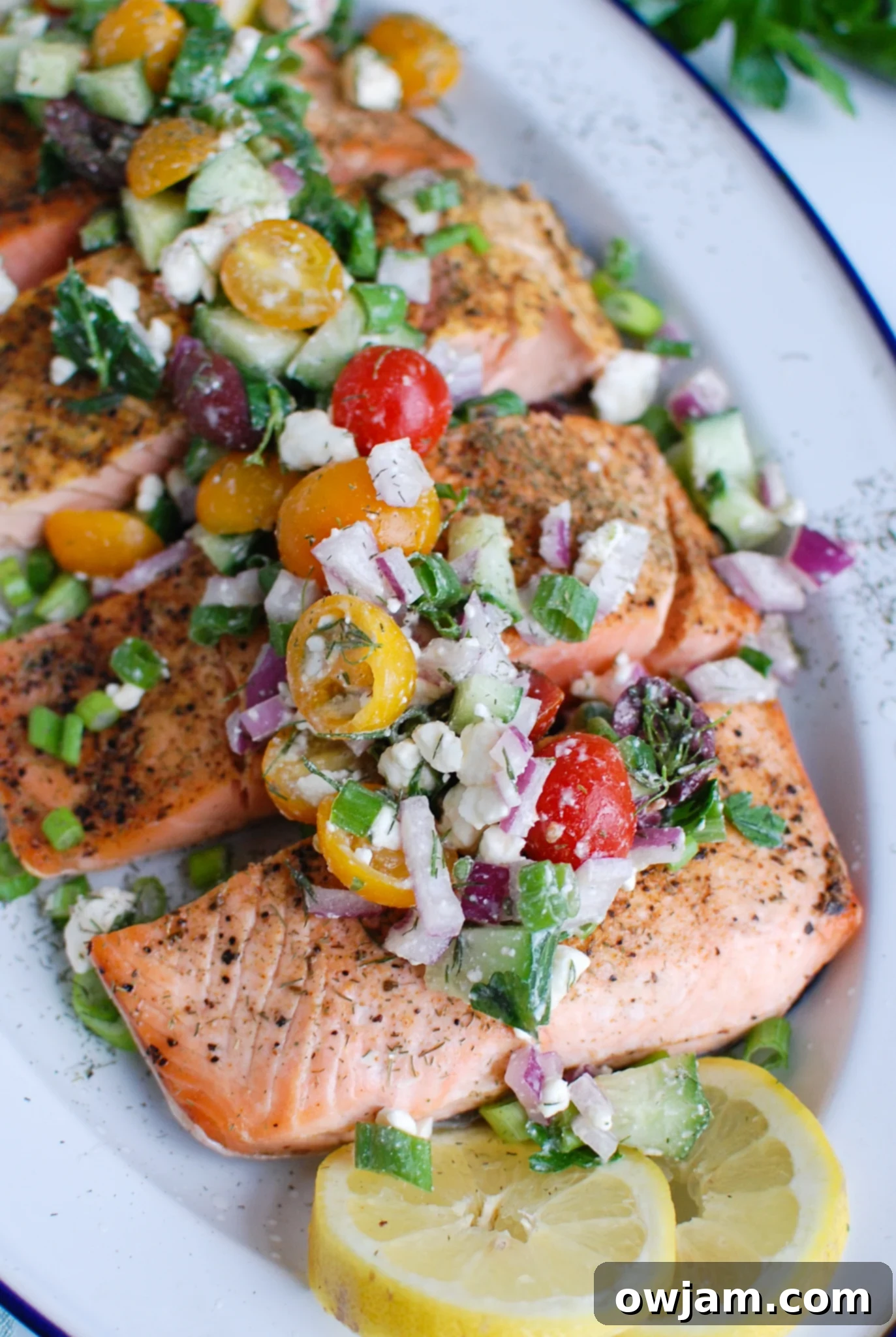 Your New Favorite Mediterranean Baked Salmon 2 Salmon fillets topped with Greek topping