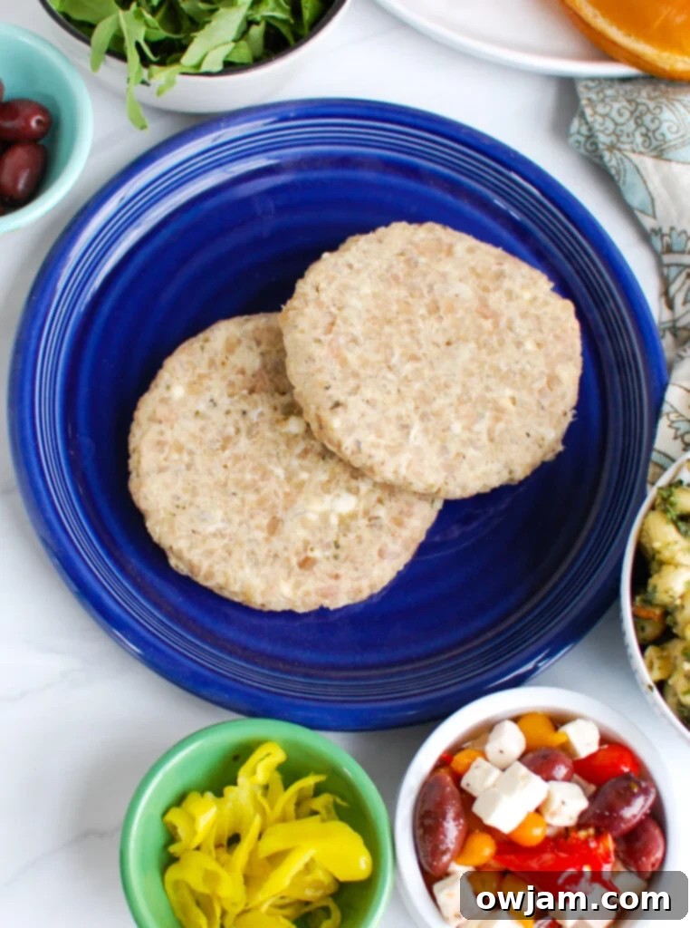 Zesty Greek Chicken Burgers 5 Greek Chicken Burgers with toppings