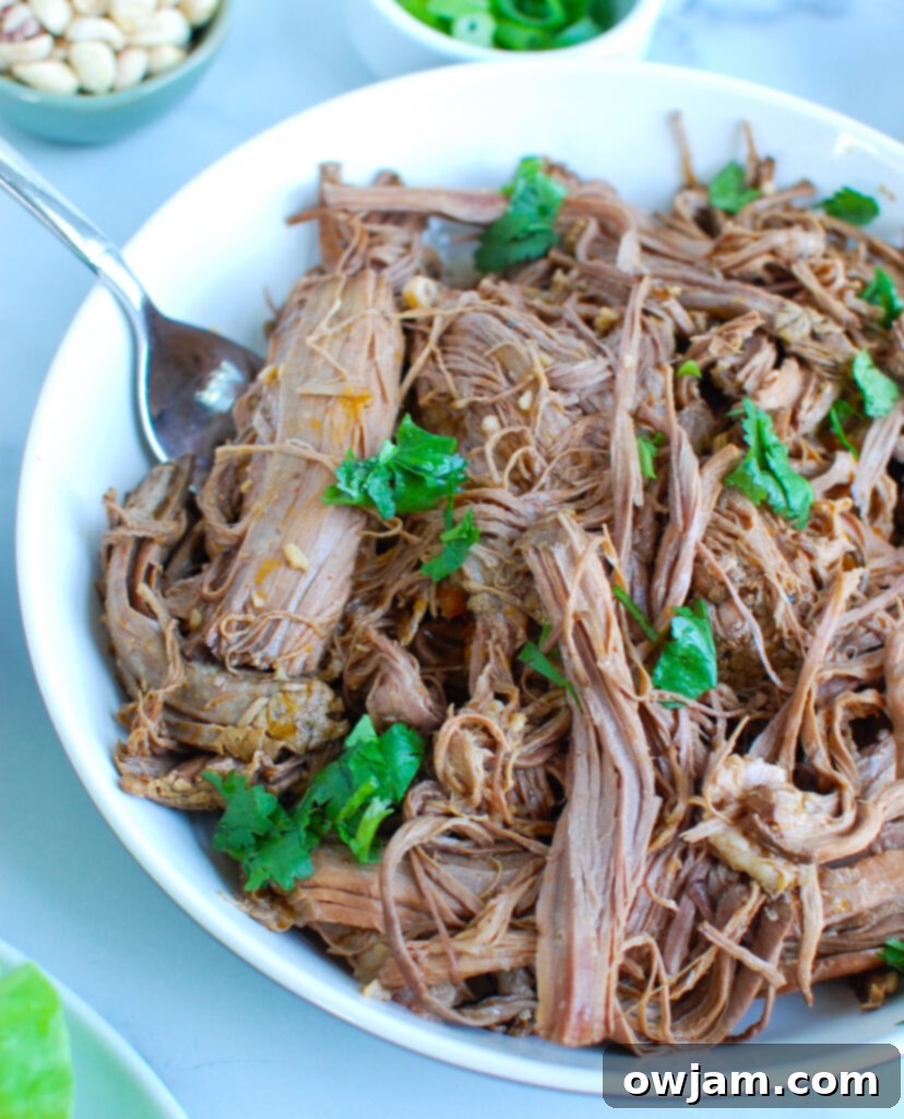 Tender Slow Cooker Beef Brisket served in a bowl with fresh garnishes, Asian-style