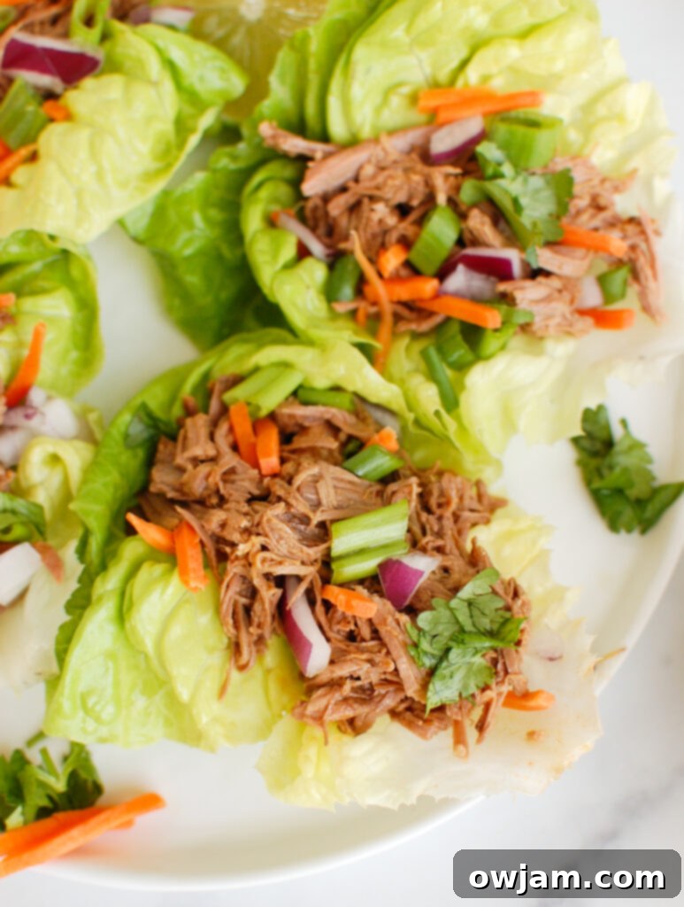 Sliced Slow Cooker Beef Brisket on a plate, garnished with fresh herbs