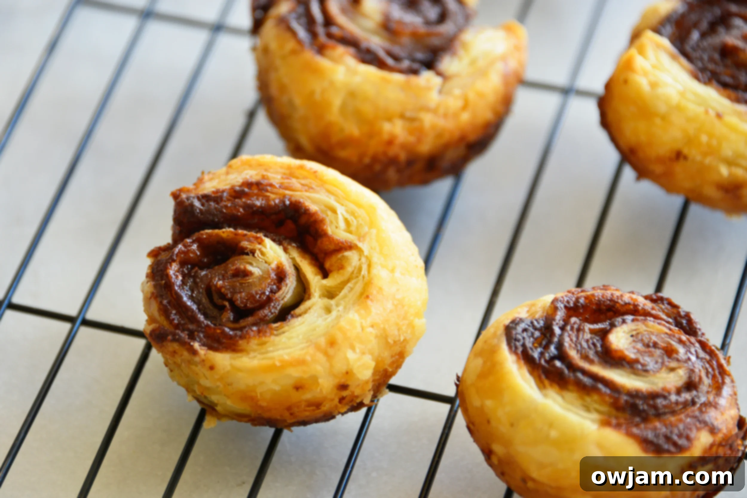 Deliciously Simple Puff Pastry Cinnamon Swirls 2 Freshly baked Easy Puff Pastry Cinnamon Swirls cooling on a wire rack, showcasing their golden-brown, flaky layers.