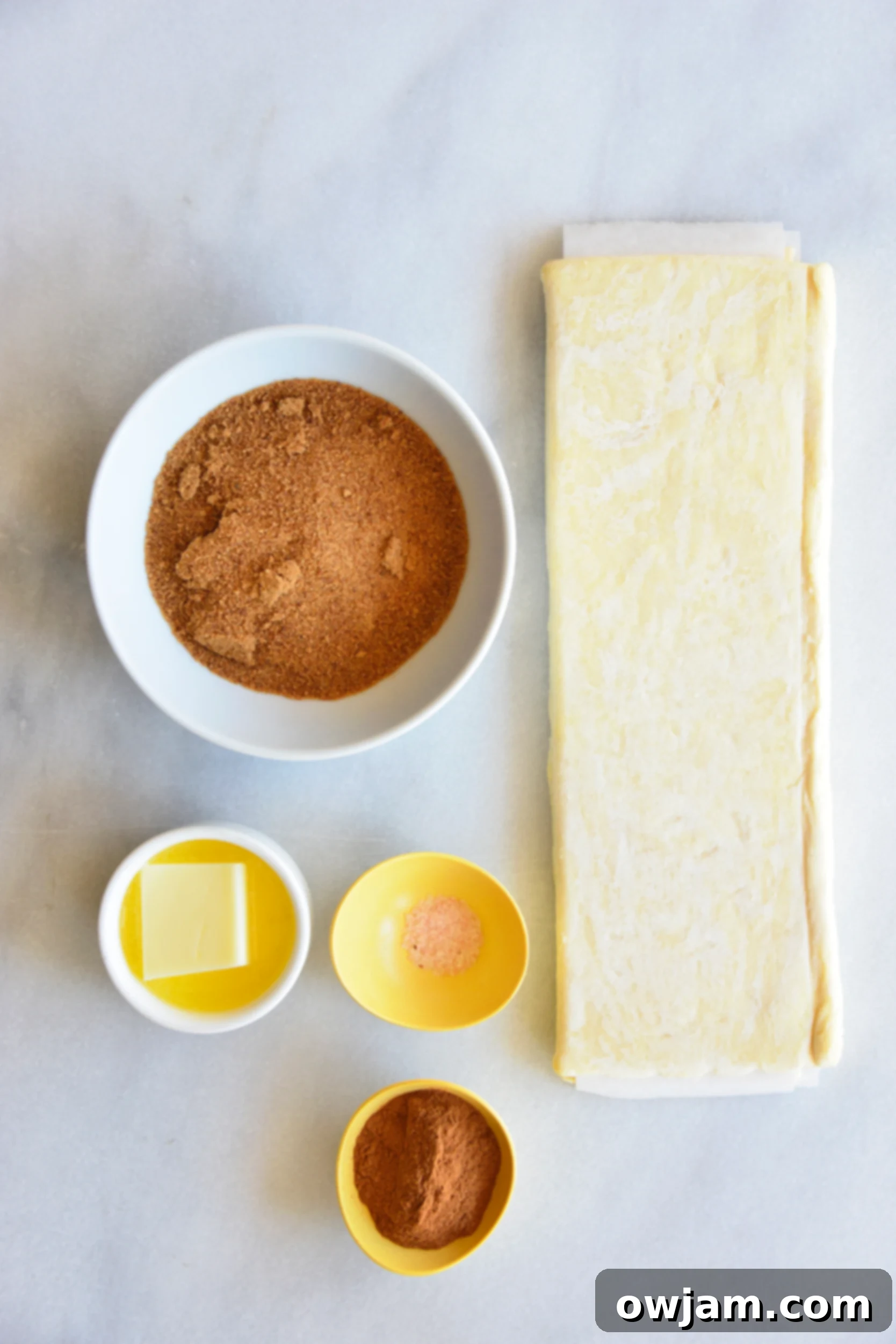 Deliciously Simple Puff Pastry Cinnamon Swirls 4 The five essential ingredients for Easy Puff Pastry Cinnamon Swirls: butter, coconut sugar, cinnamon, salt, and puff pastry.