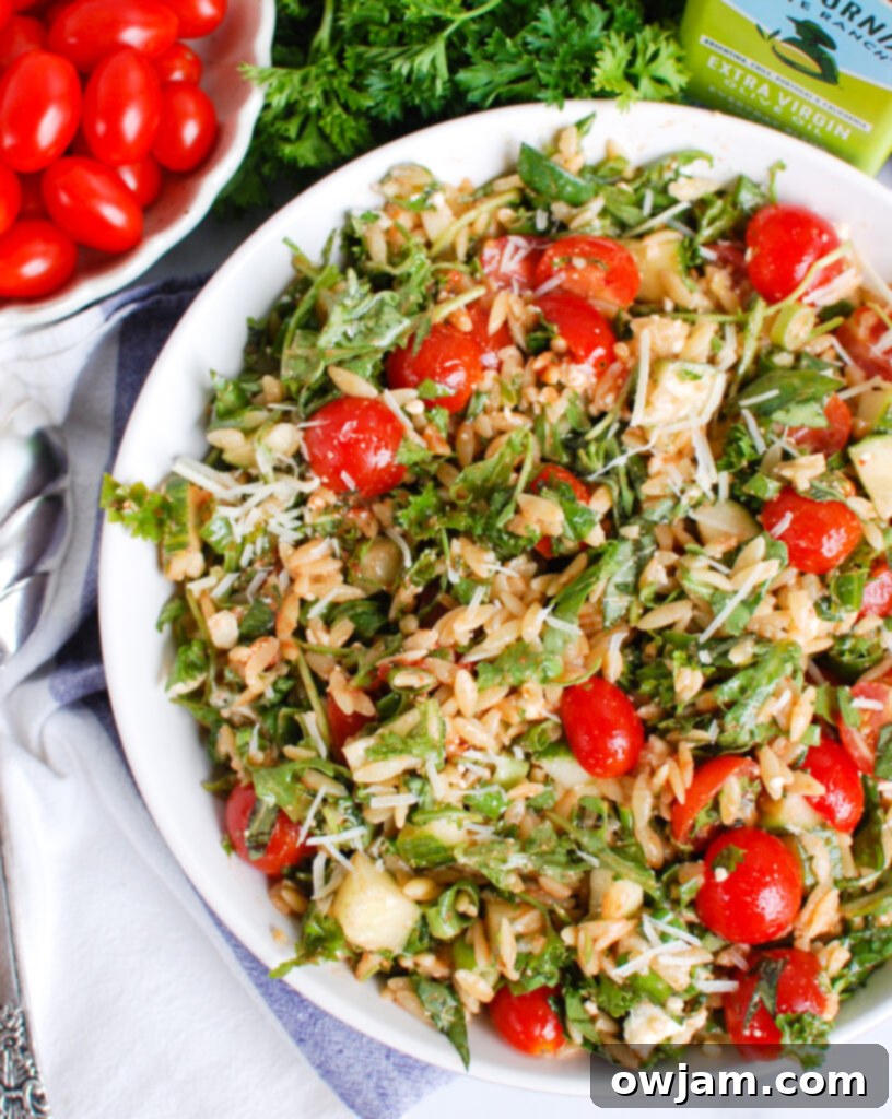 Tomato Feta Orzo Salad in bowl