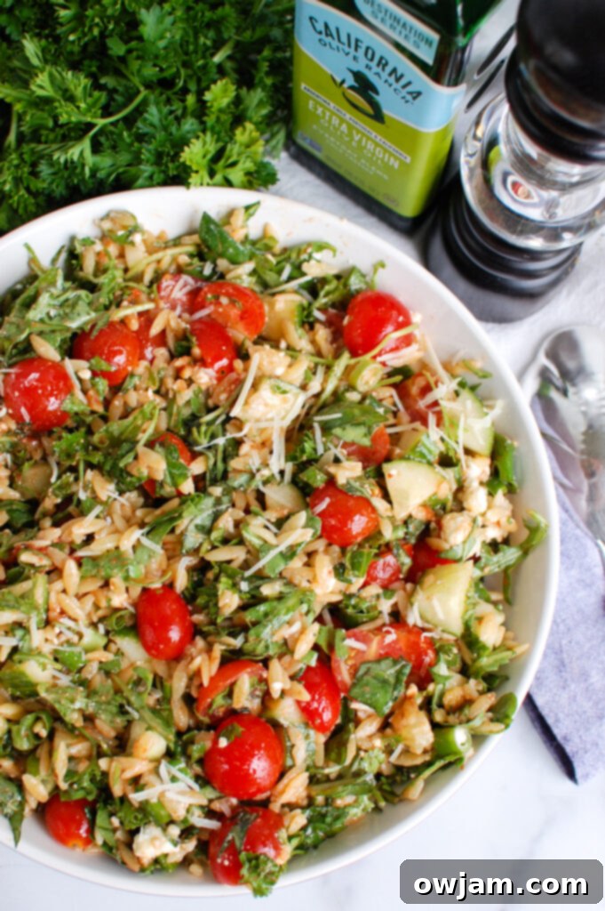 Tomato Feta Orzo Salad with napkin