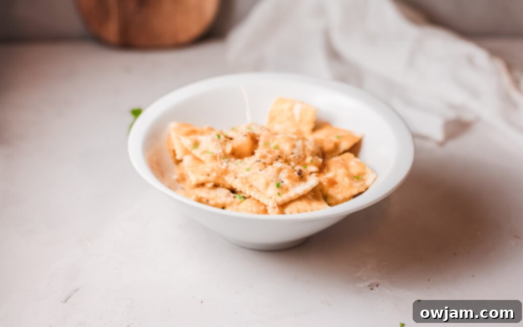Velvet Pumpkin Ravioli 4 Pumpkin Ravioli in white bowl
